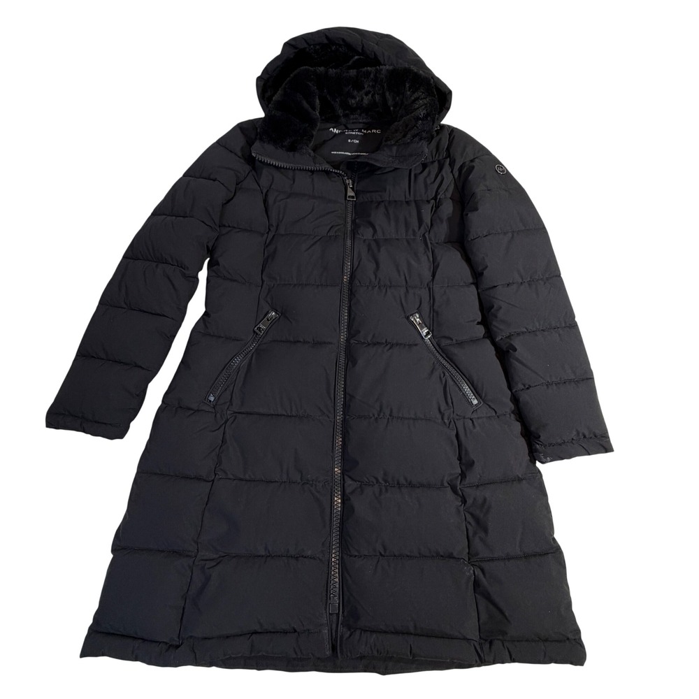 Andrew Marc Stretch Puffer Coat – Women's S Black Long Hooded Faux Fur